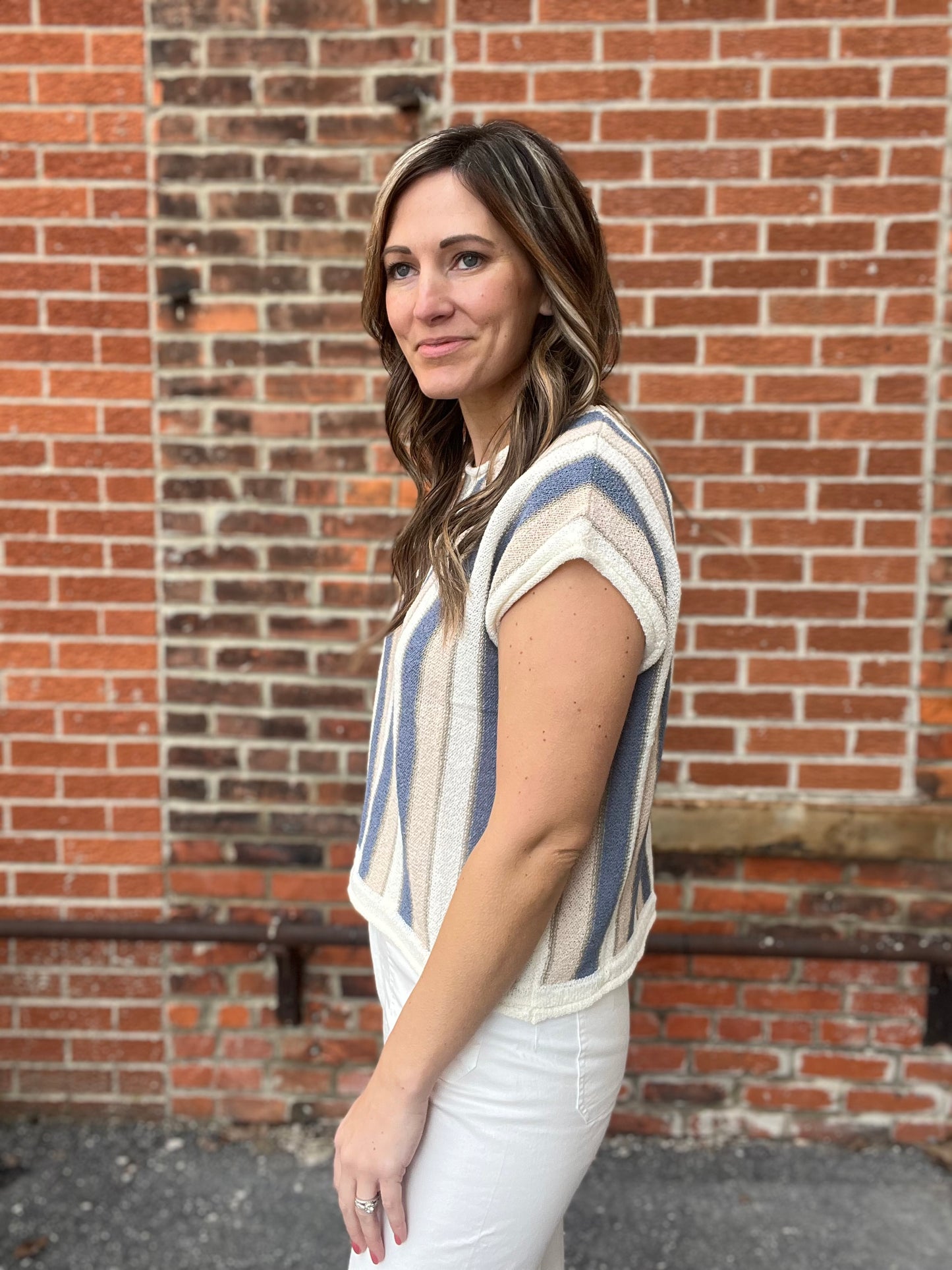 The Milla Drop Shoulder Taupe and Blue Knit Sweater Top