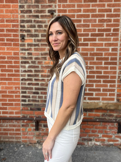 The Milla Drop Shoulder Taupe and Blue Knit Sweater Top