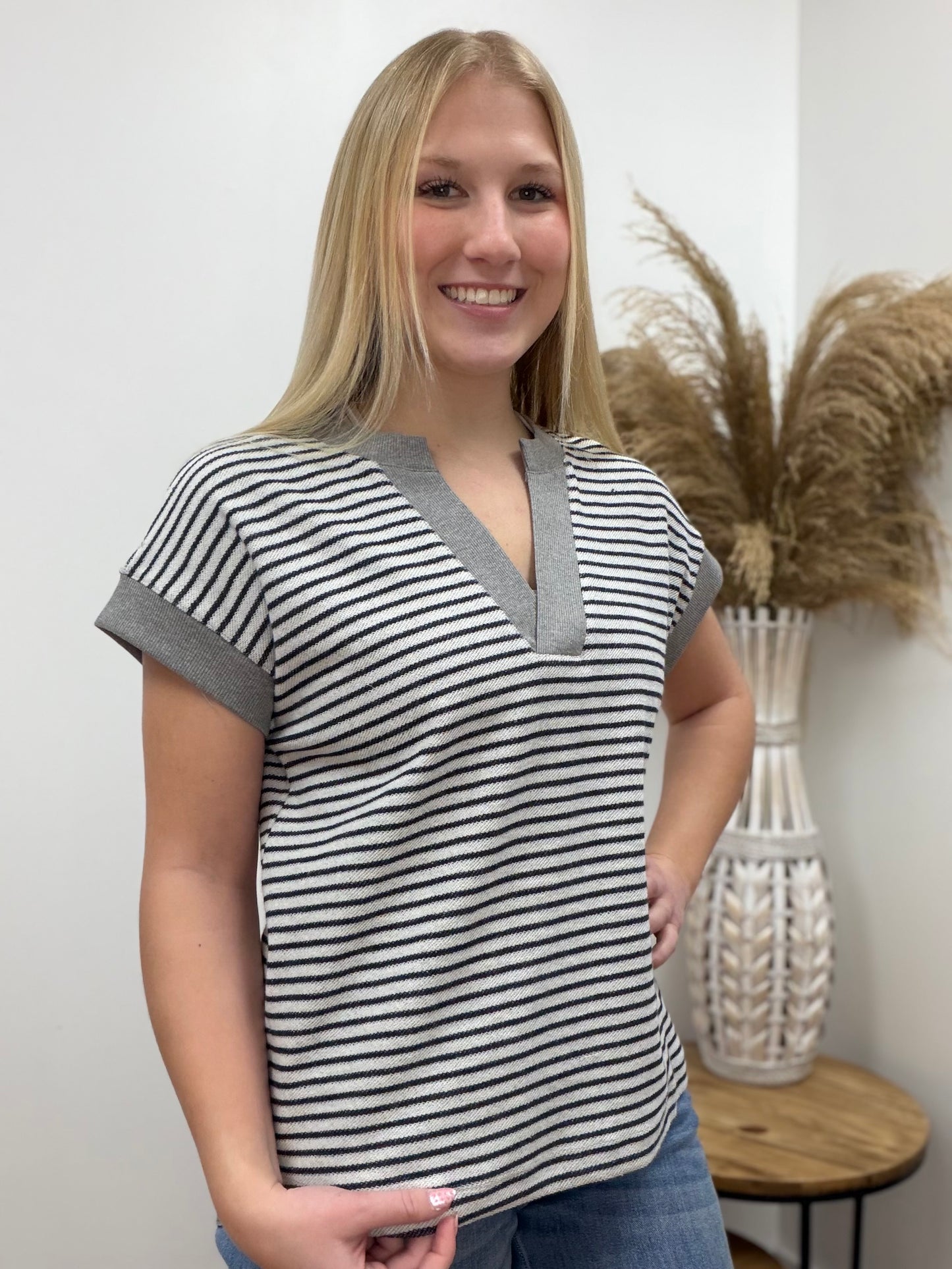 The Rowan Short Sleeve Terry Stripped Top