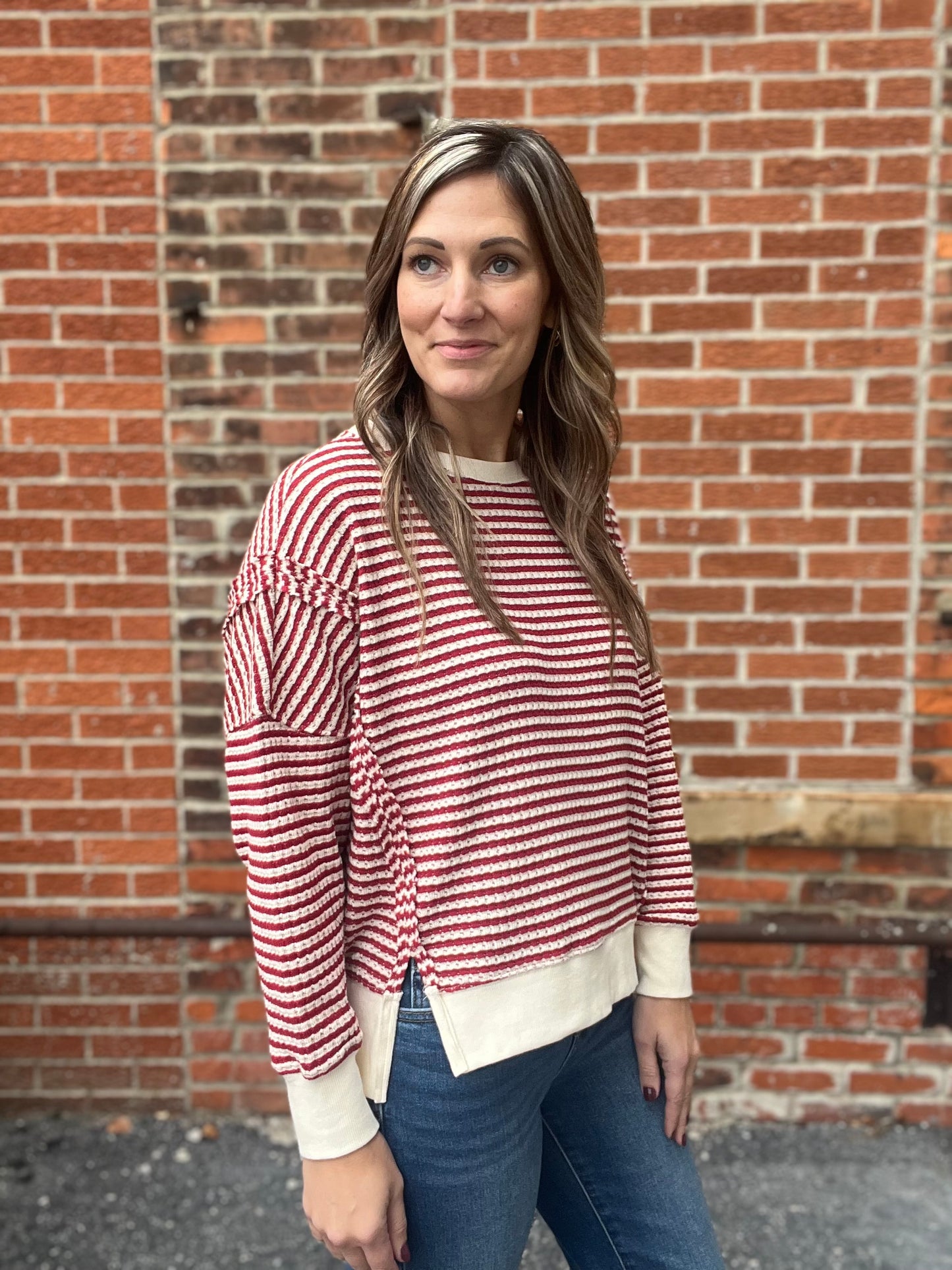 The Nelle Red And Cream Striped Long Sleeve Top