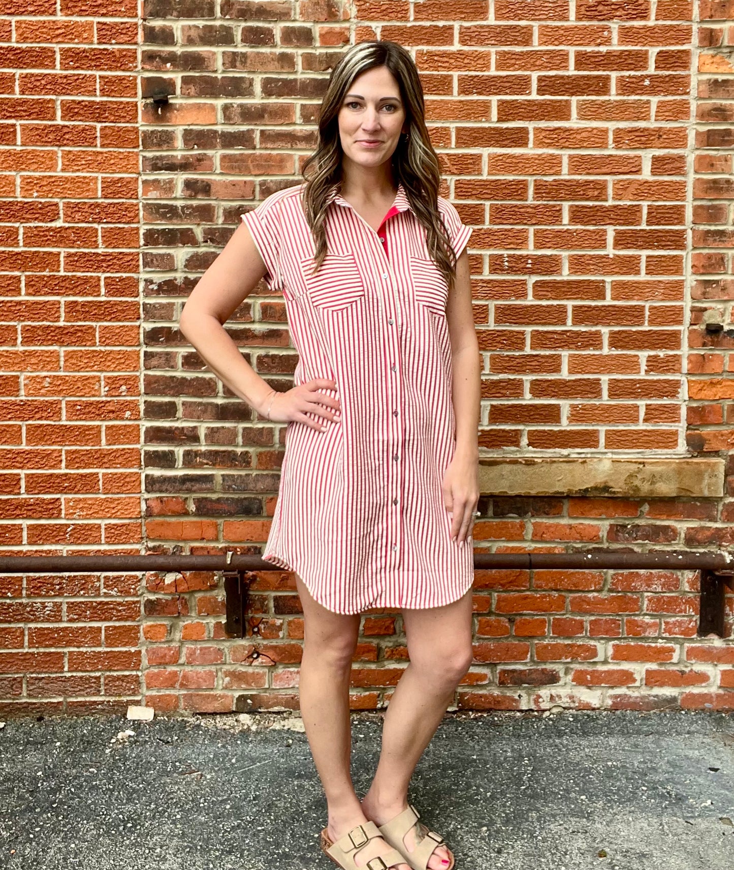 The Emery Red Striped Button Down Dress