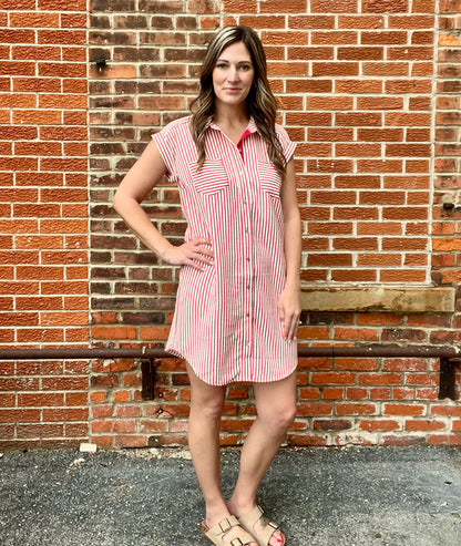 The Emery Red Striped Button Down Dress