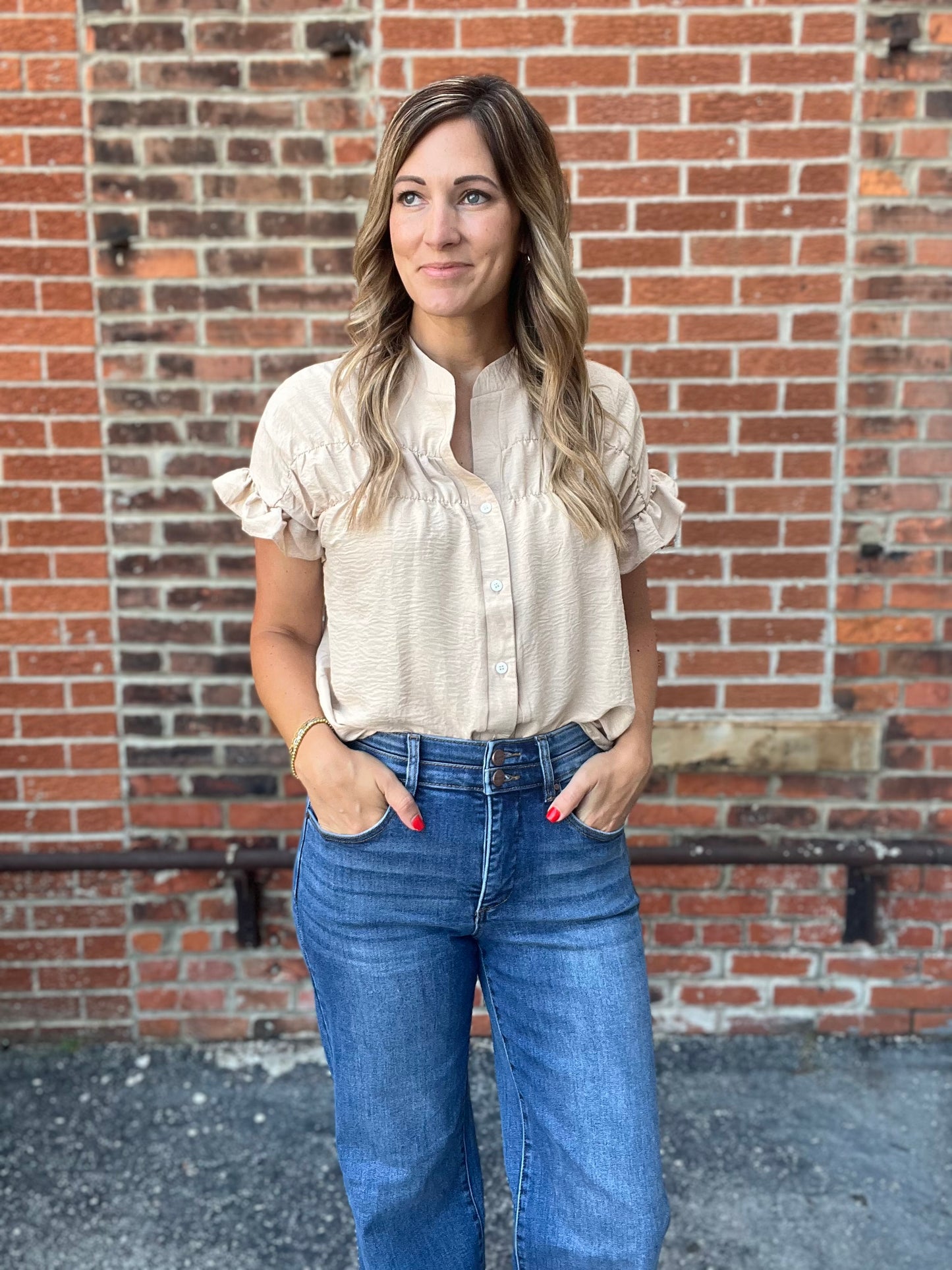 The Sailor Beige Ruffled Sleeve Top