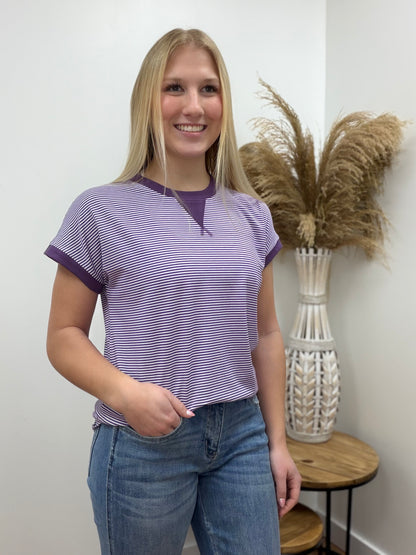 The Lila Striped Knit Purple Short Sleeve Top