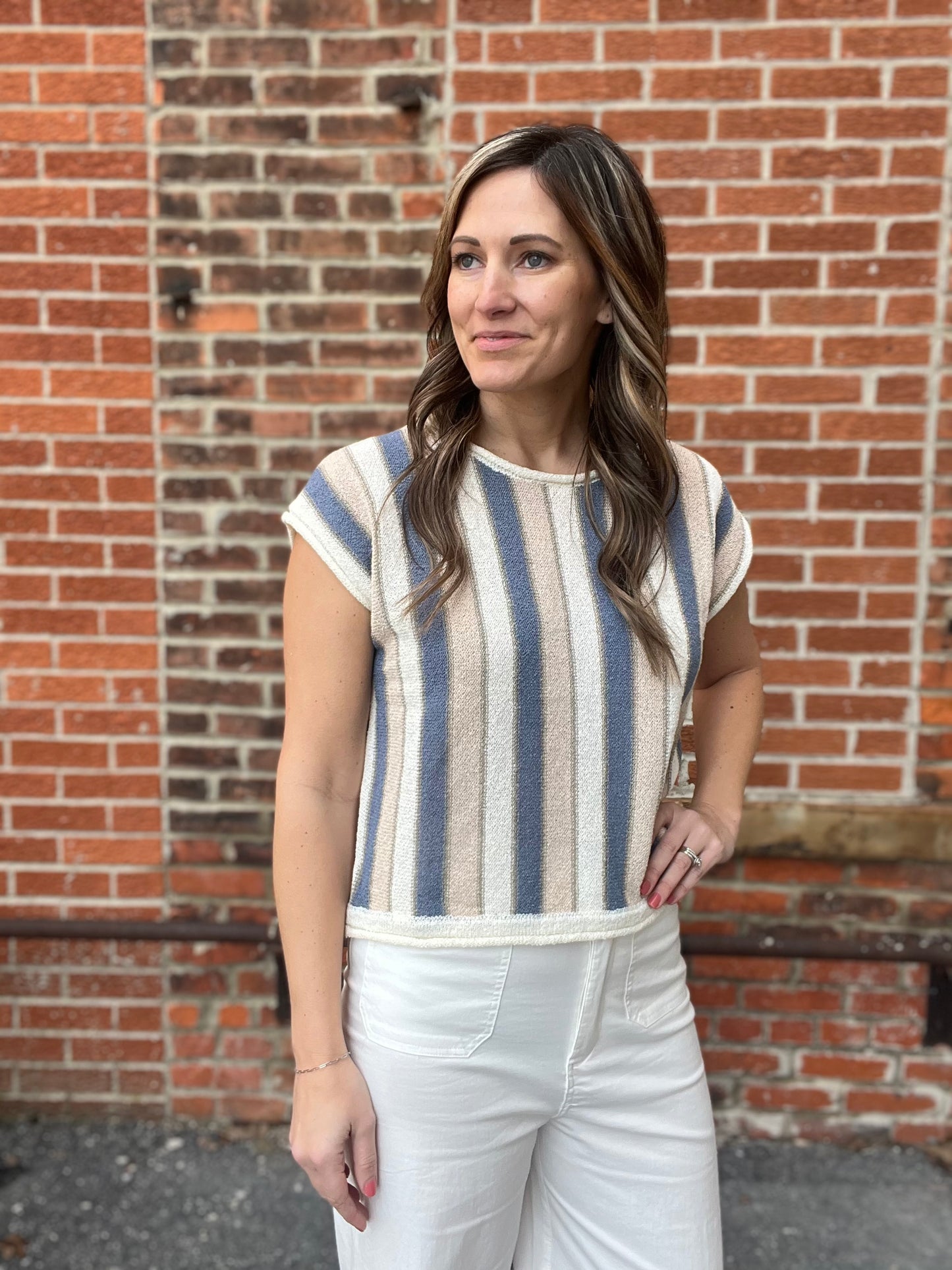 The Milla Drop Shoulder Taupe and Blue Knit Sweater Top