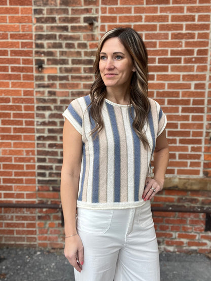 The Milla Drop Shoulder Taupe and Blue Knit Sweater Top