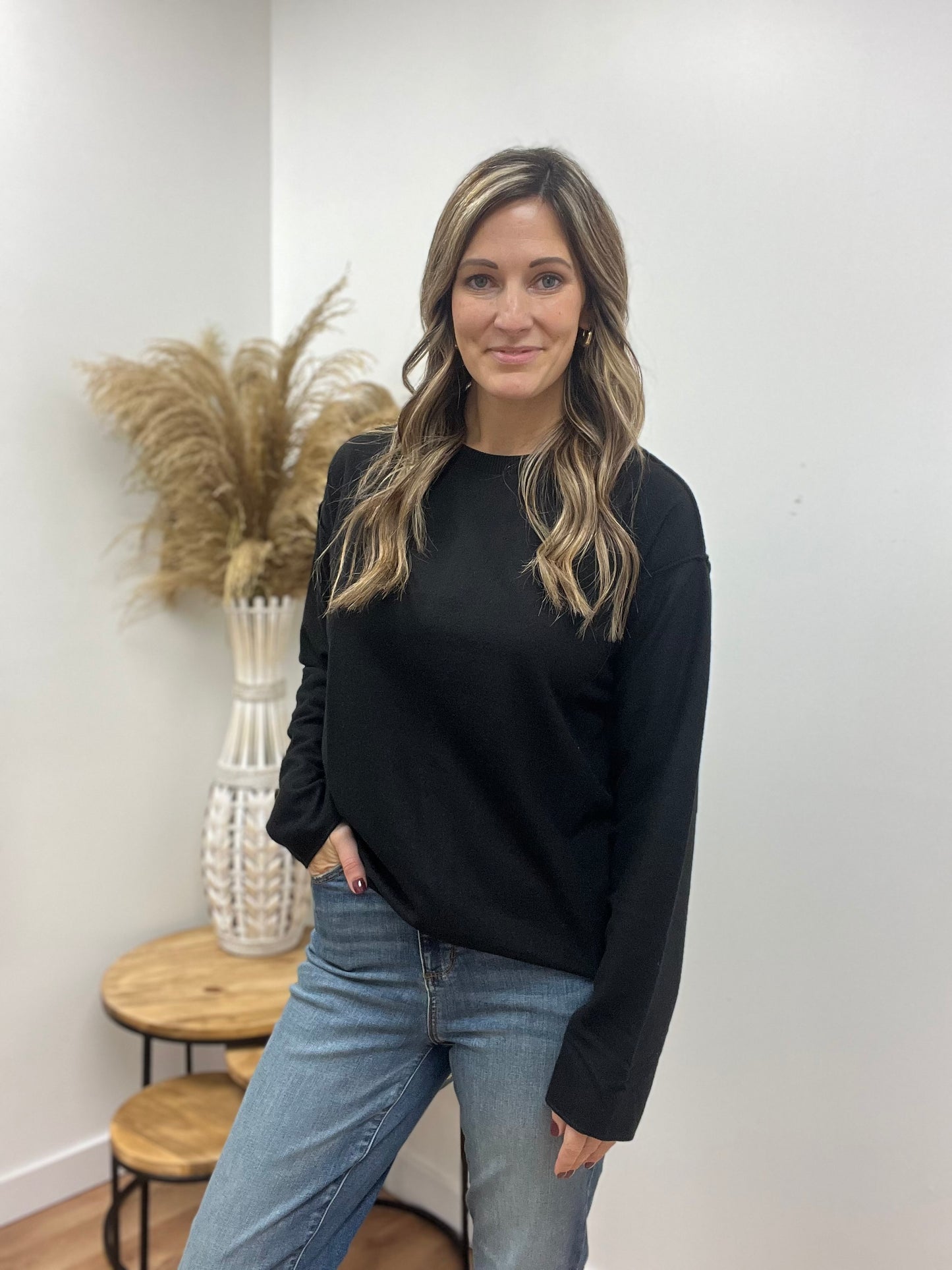 The Laurel Black Reverse Seam Crewneck