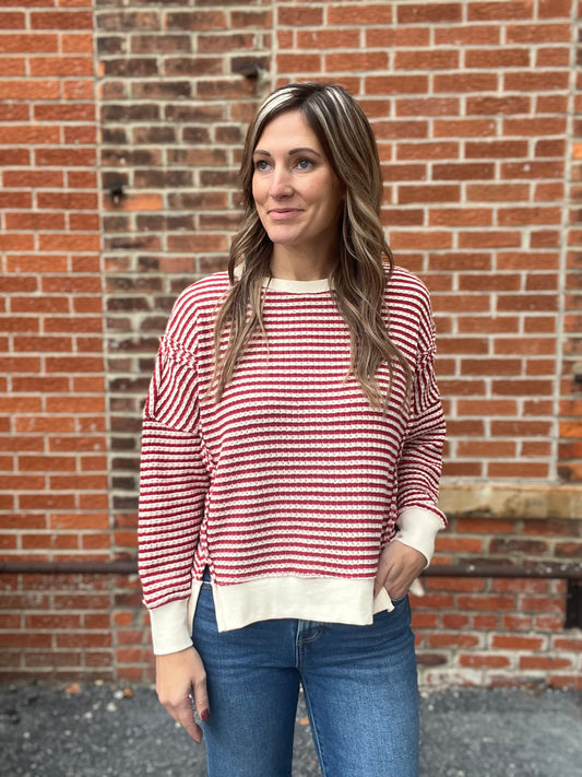 The Nelle Red And Cream Striped Long Sleeve Top