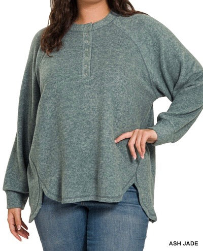 The Aster Curvy Brushed Melange Hacci Oversized Button Henley Top
