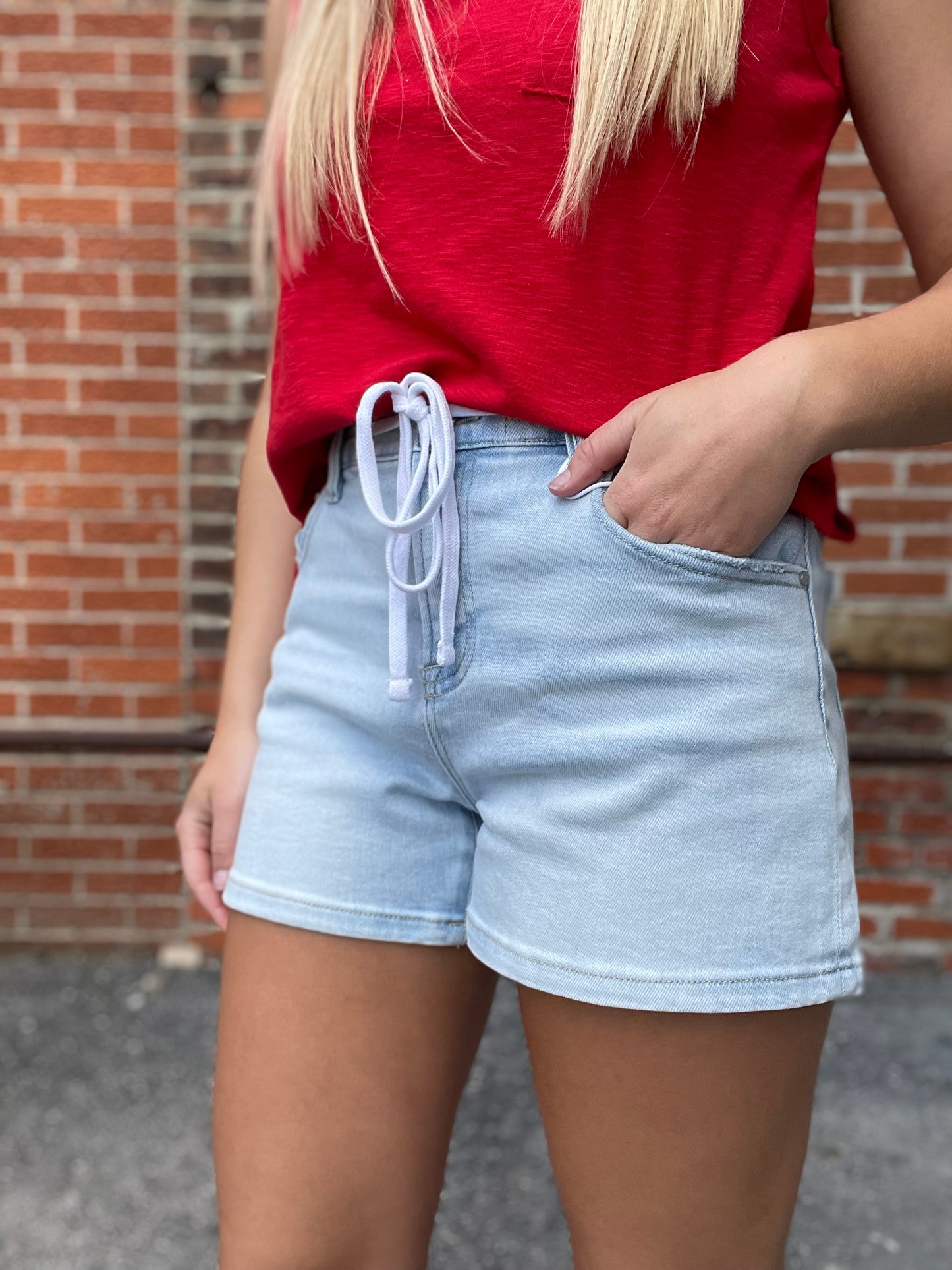 The Lana Light Denim Slouchy Tie Front Shorts