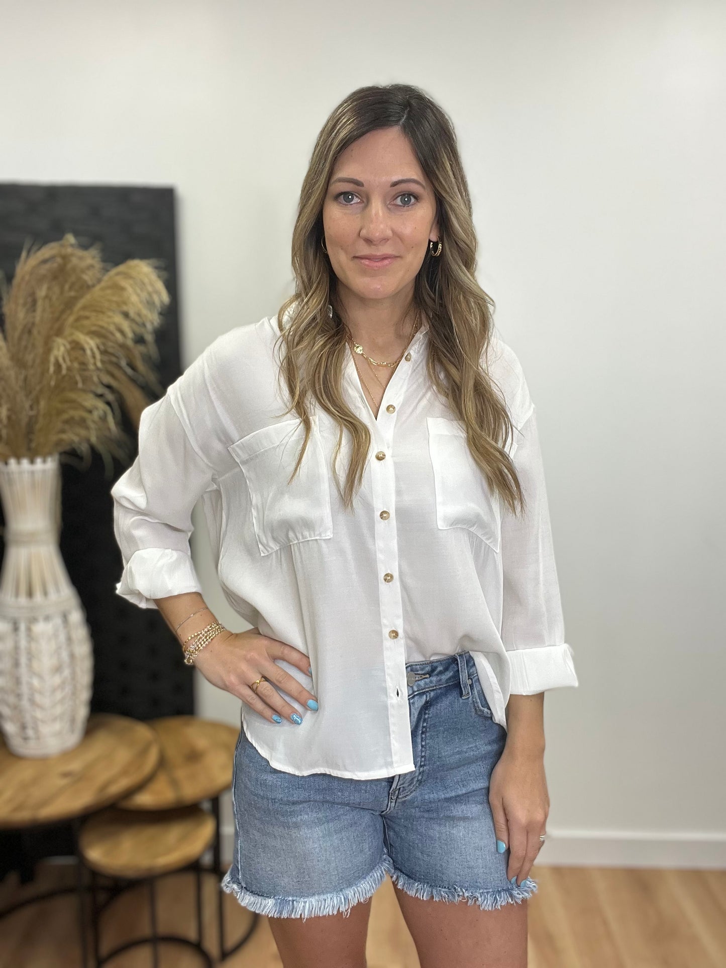 The Millo Oversized White Button Down Top