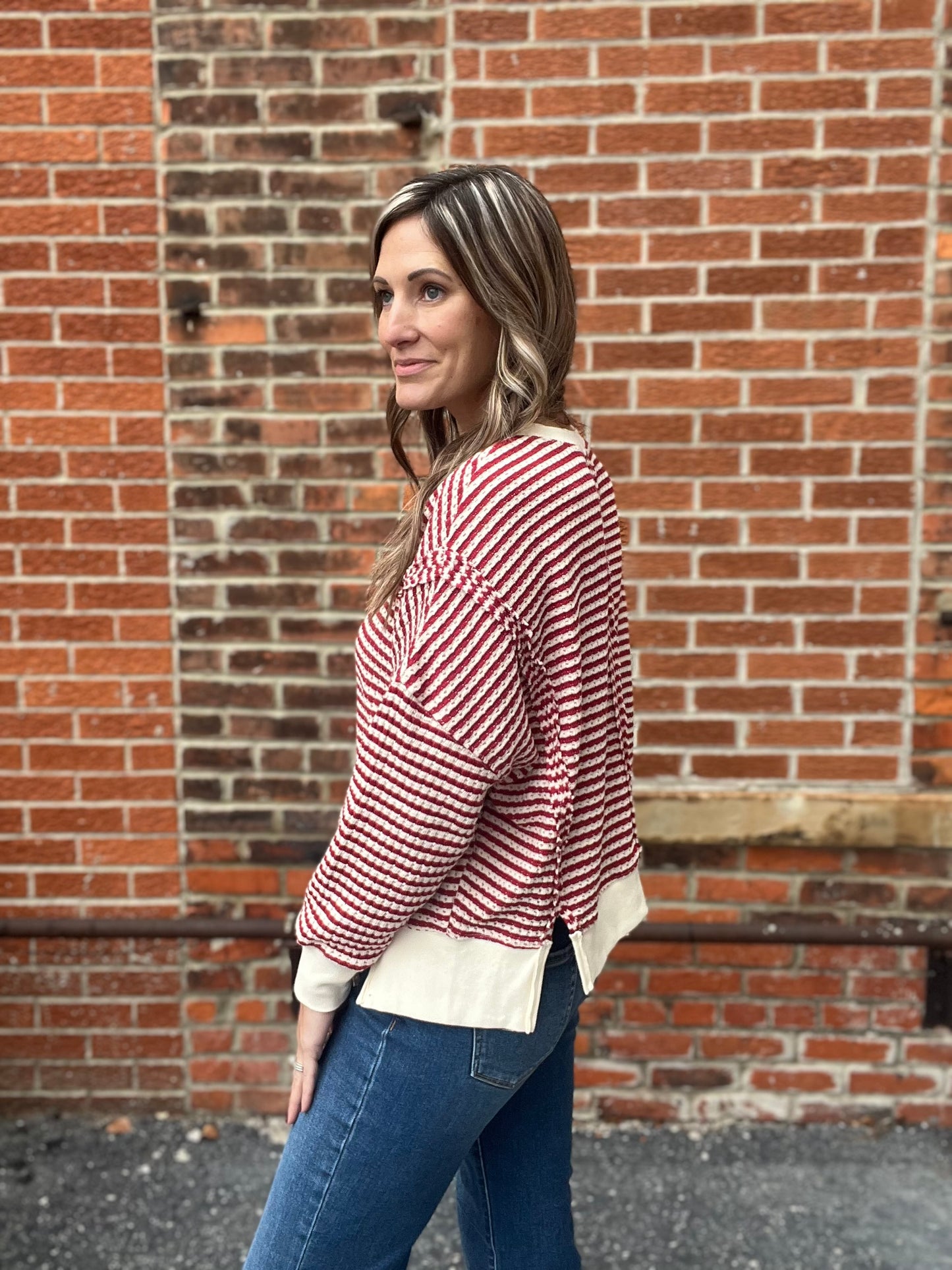 The Nelle Red And Cream Striped Long Sleeve Top