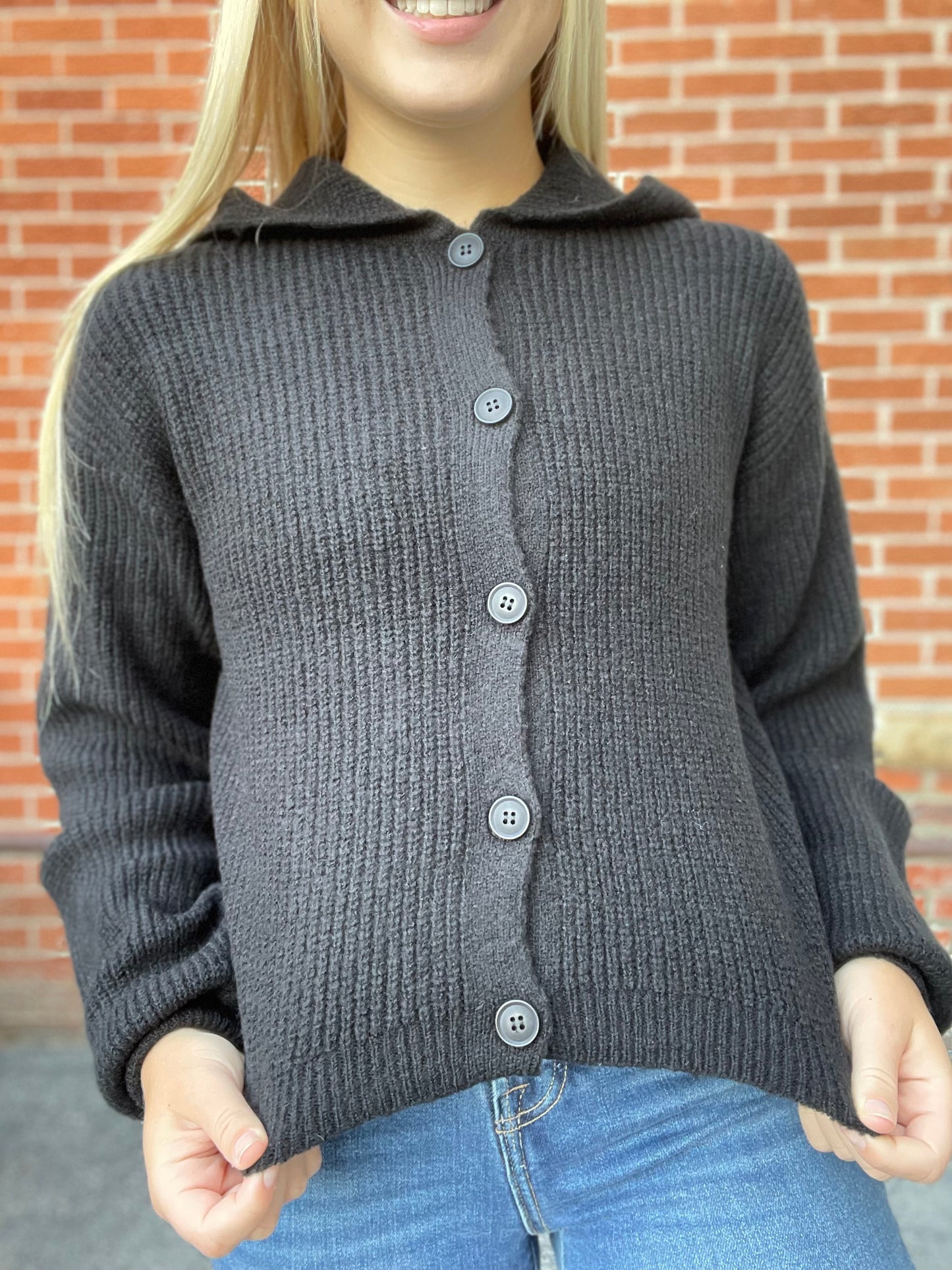 The Romilly Sailor Collar Black Button Up Sweater