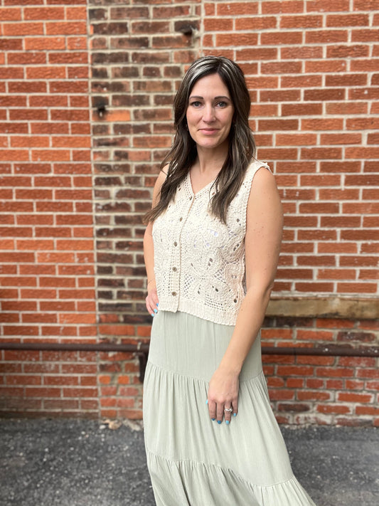 The Hazen Crochet V-Neck Buttoned Crop Vest