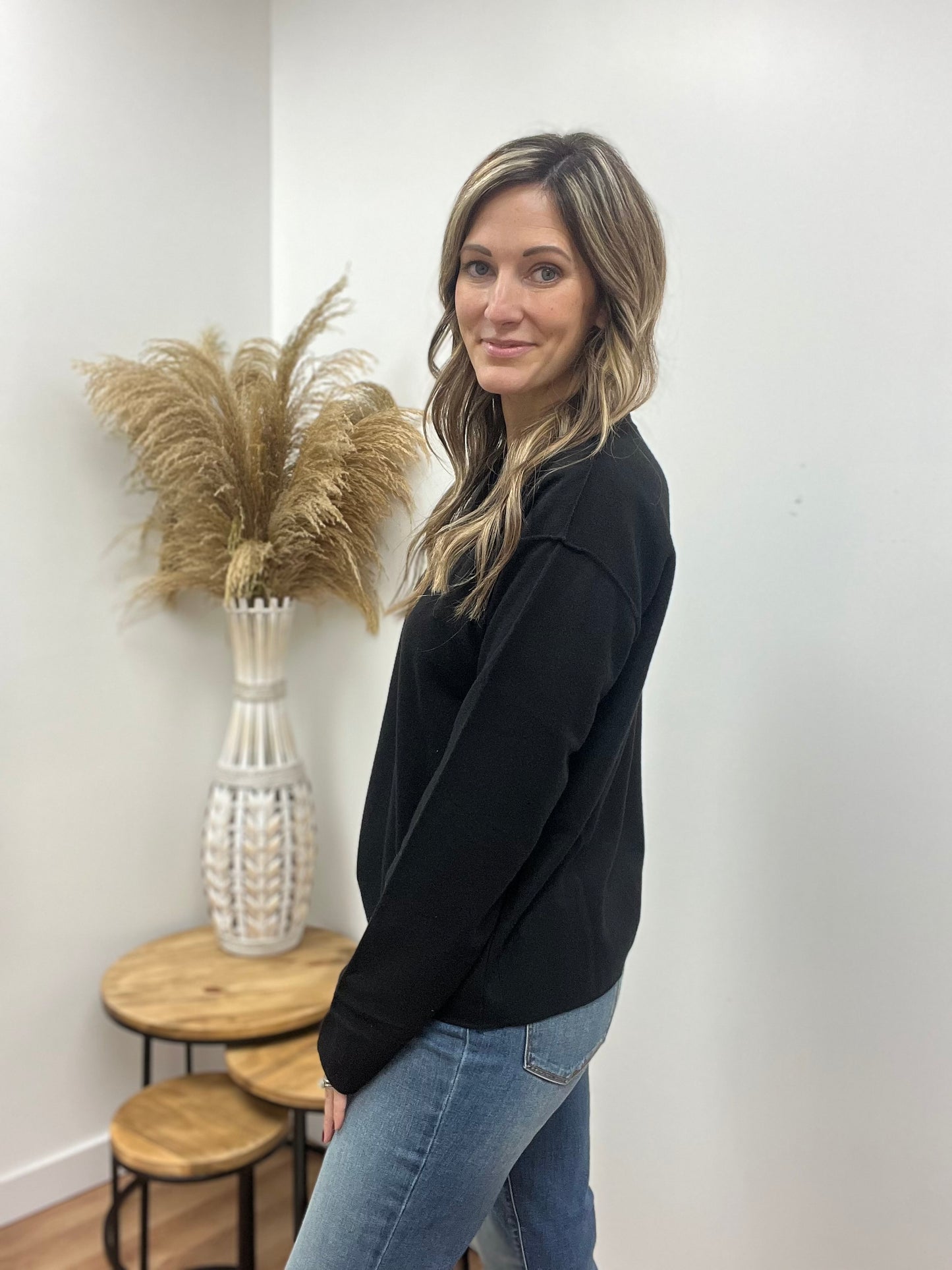 The Laurel Black Reverse Seam Crewneck