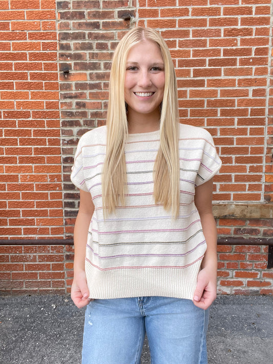 The Brielle Multi Color Striped Cap Sleeve Sweater Top