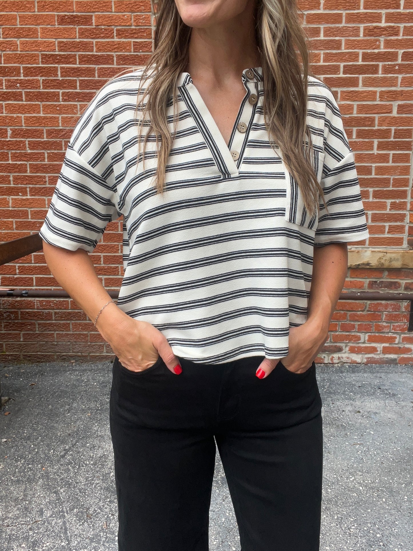 The Callen Stripe Short Sleeve Henley Top