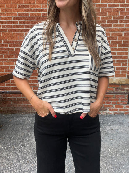 The Callen Stripe Short Sleeve Henley Top
