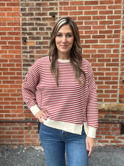 The Nelle Red And Cream Striped Long Sleeve Top
