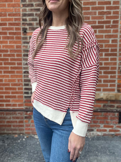 The Nelle Red And Cream Striped Long Sleeve Top