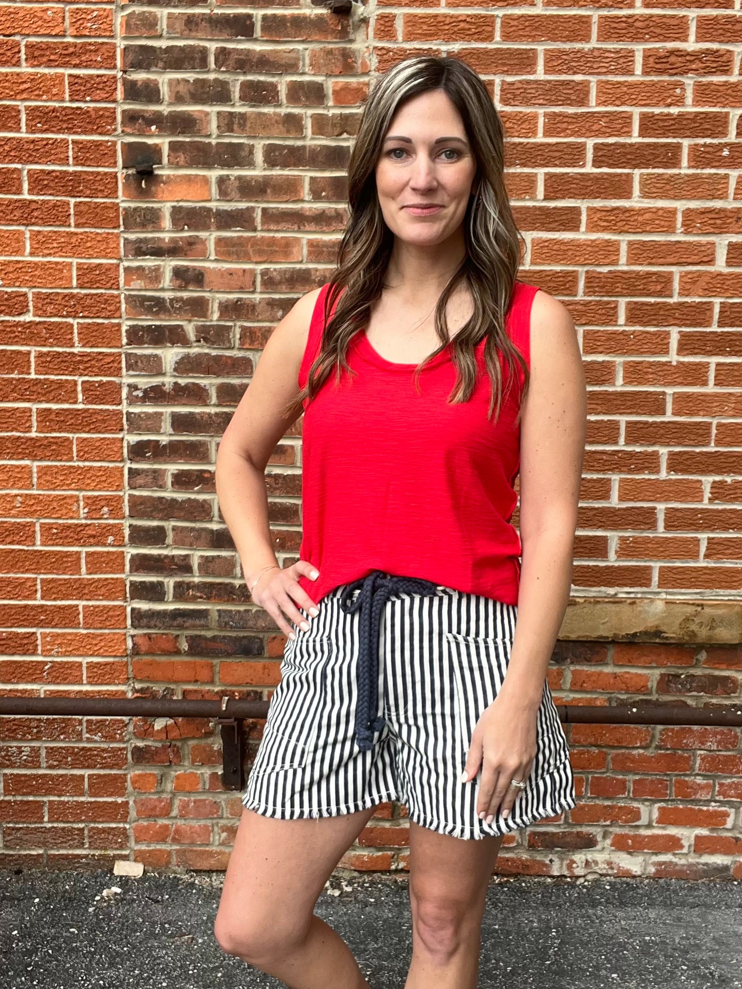 The Dara Mineral Wash Rope Belt Striped Shorts