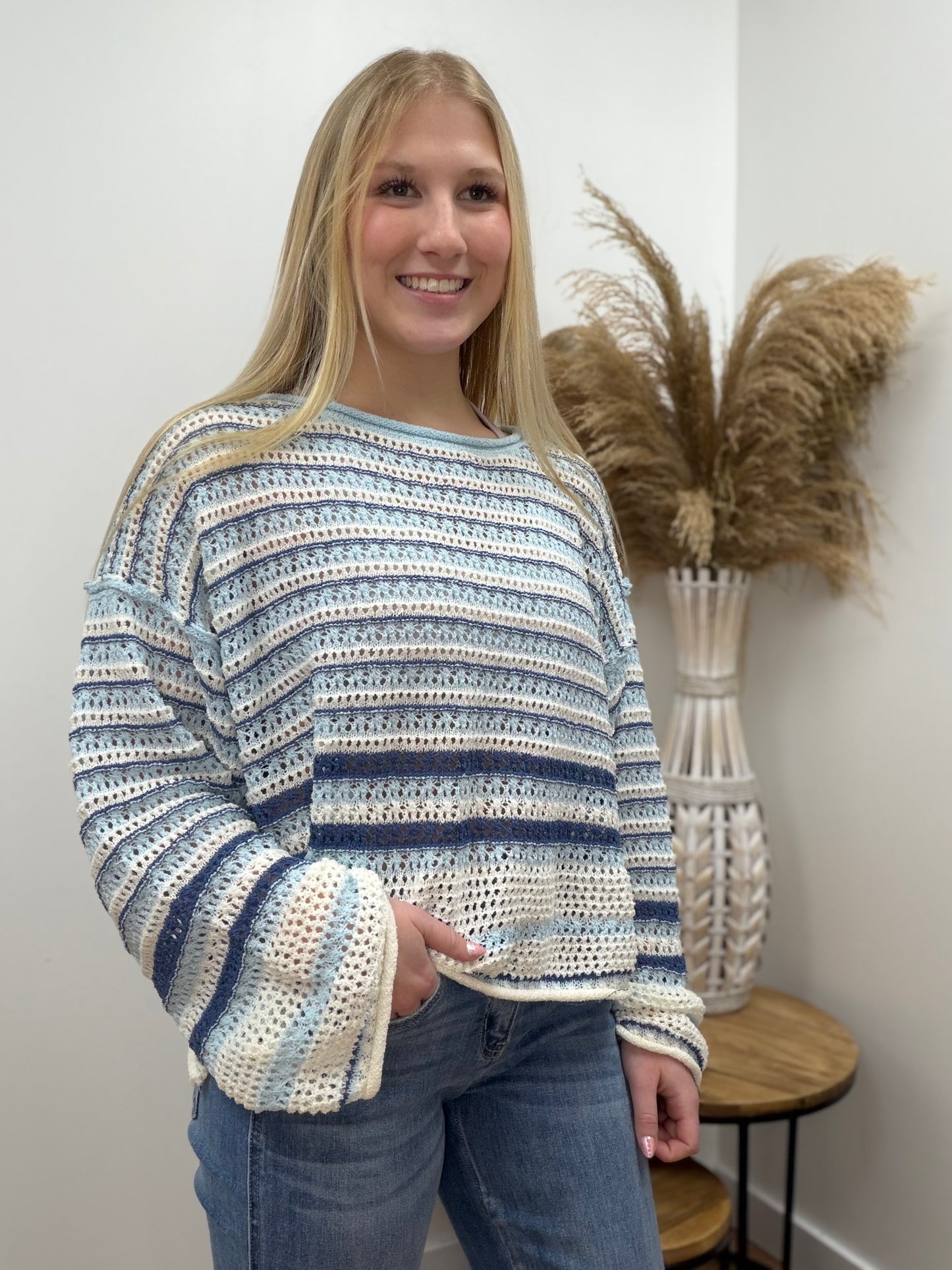The Halley Striped Crochet Knit Long Sleeve Sweater