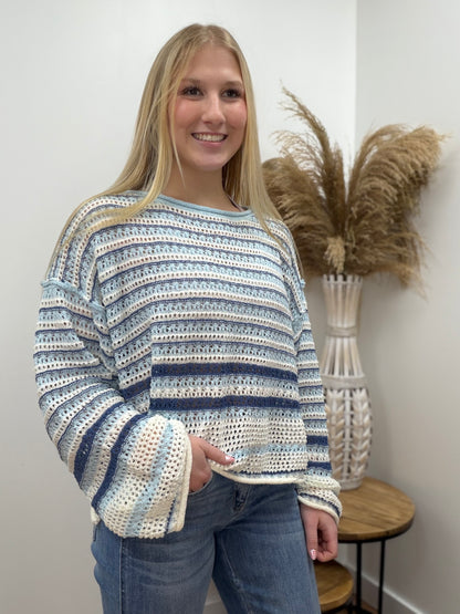 The Halley Striped Crochet Knit Long Sleeve Sweater