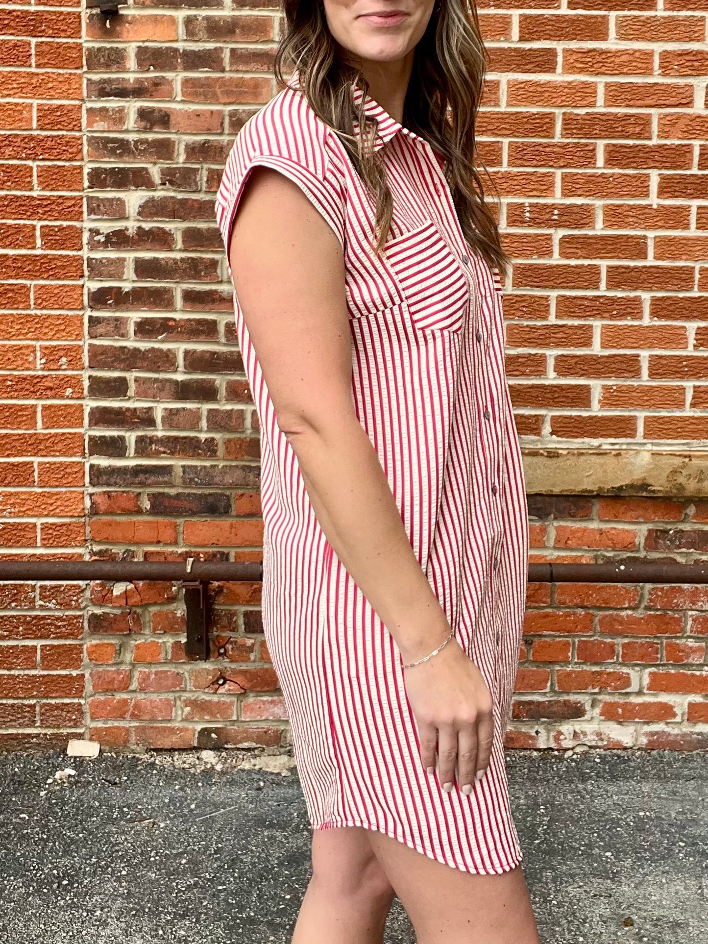 The Emery Red Striped Button Down Dress