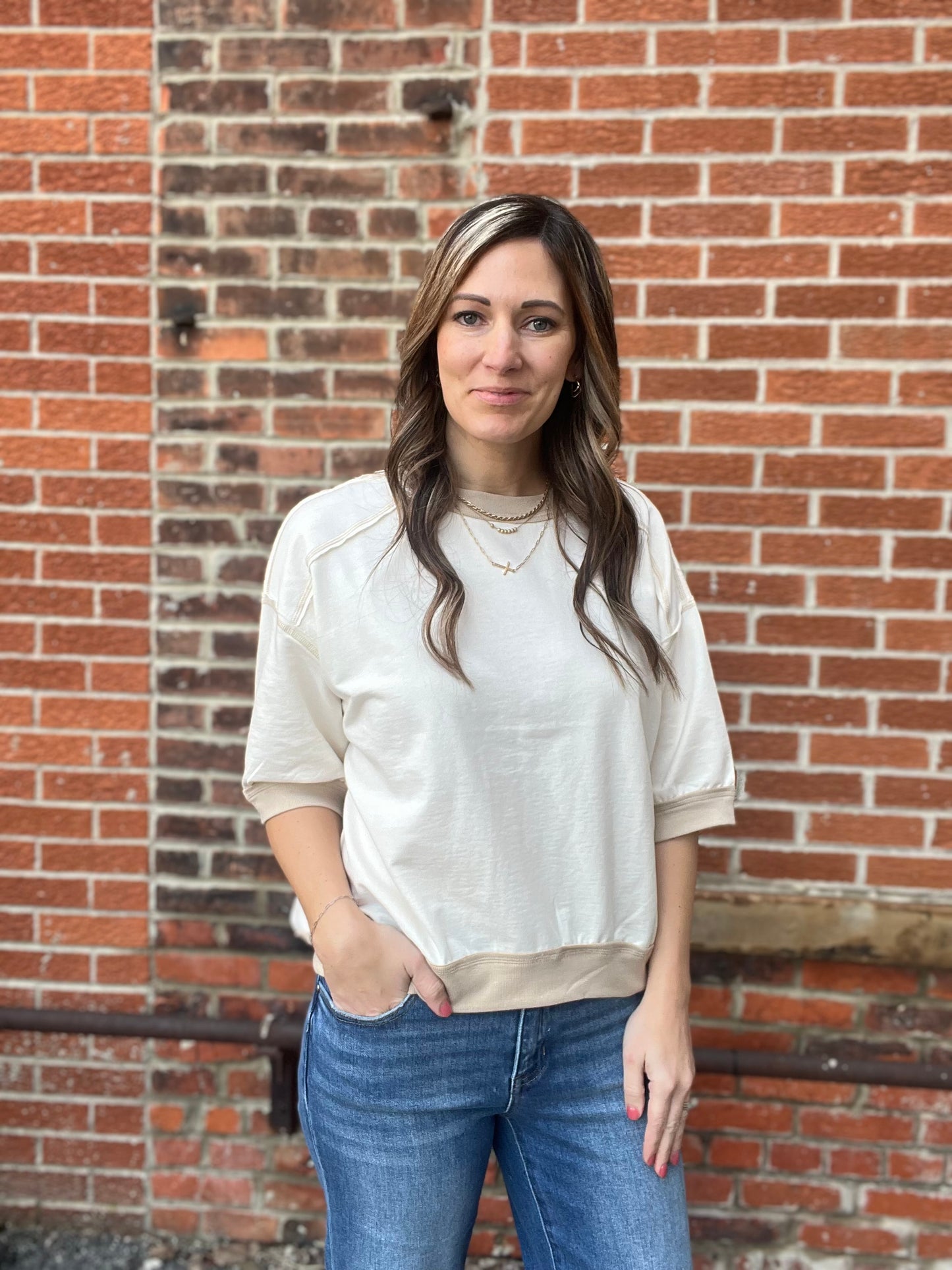 The Sable Cream Contrast Stitch Raglan top