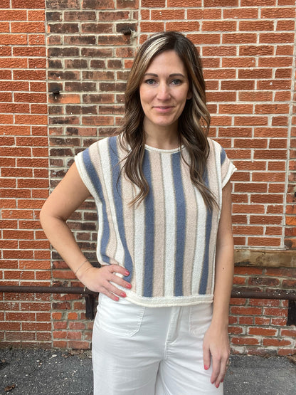 The Milla Drop Shoulder Taupe and Blue Knit Sweater Top