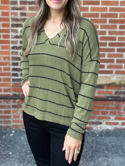 The Regie Olive Striped Long Sleeve Top