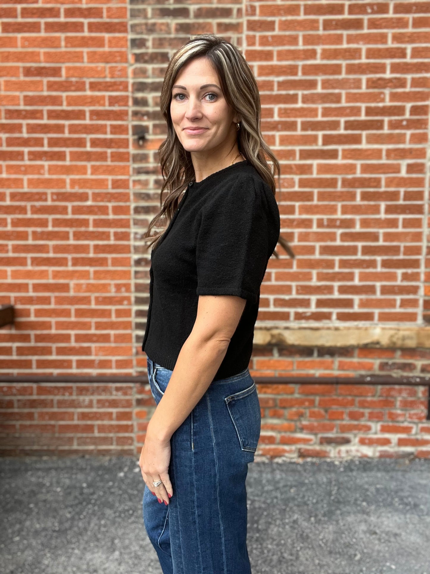 The Leslie Short Sleeve Puff Sweater Cardigan