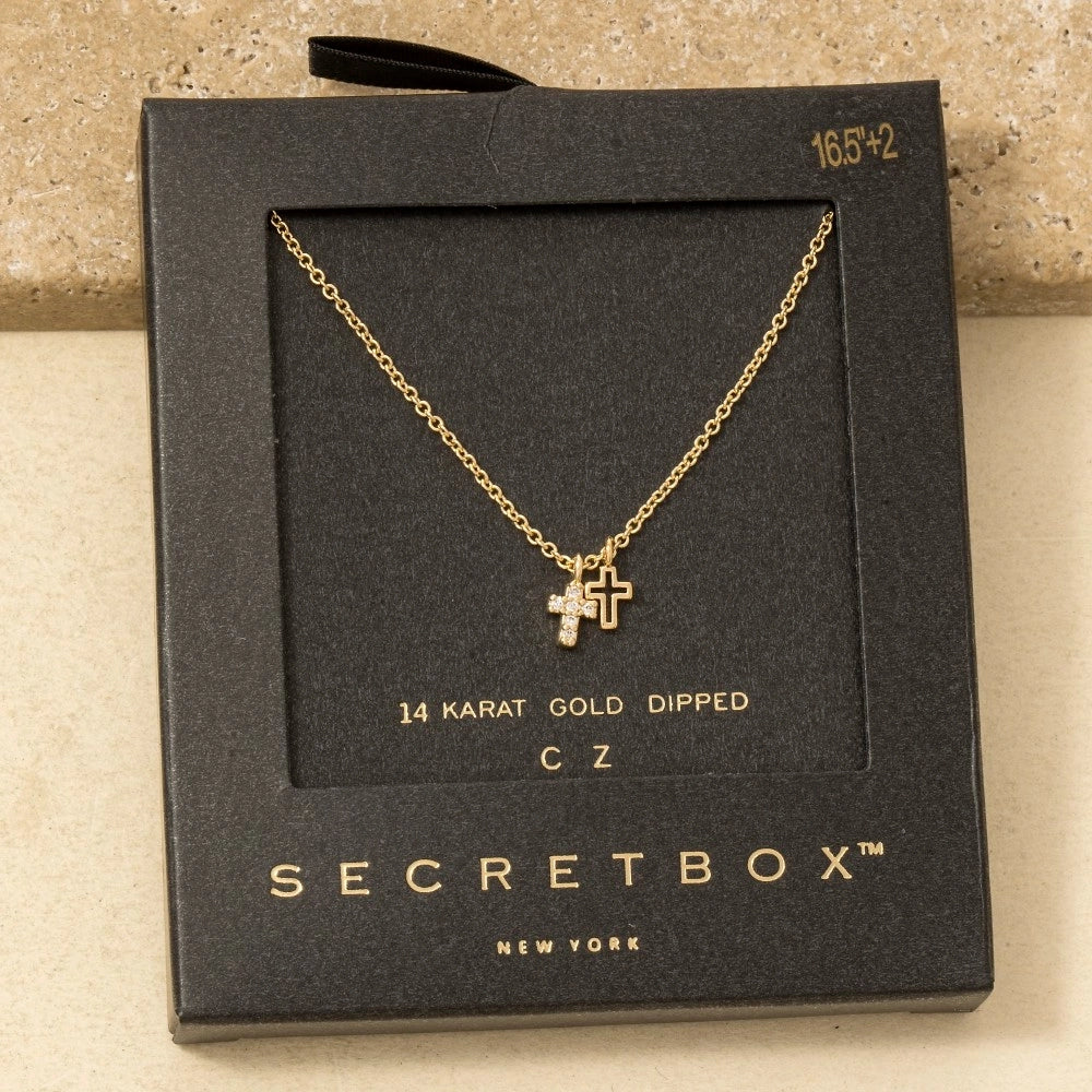 Secret Box Gold Dipped Cz Cross Pendant Necklace