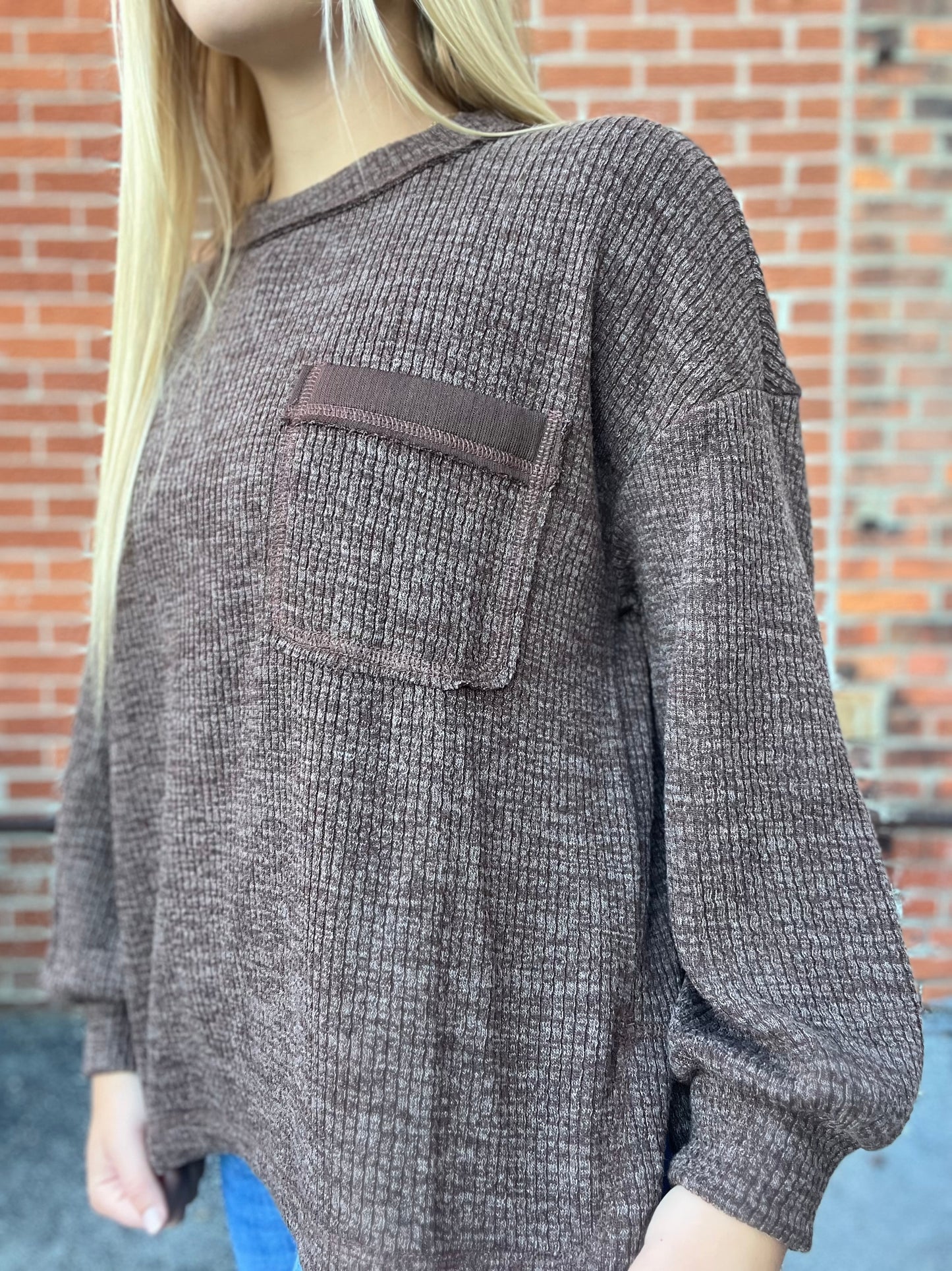 The Demi Dark Brown Crew Neck Long Sleeve Knit Top