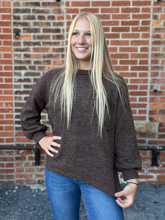 The Demi Dark Brown Crew Neck Long Sleeve Knit Top