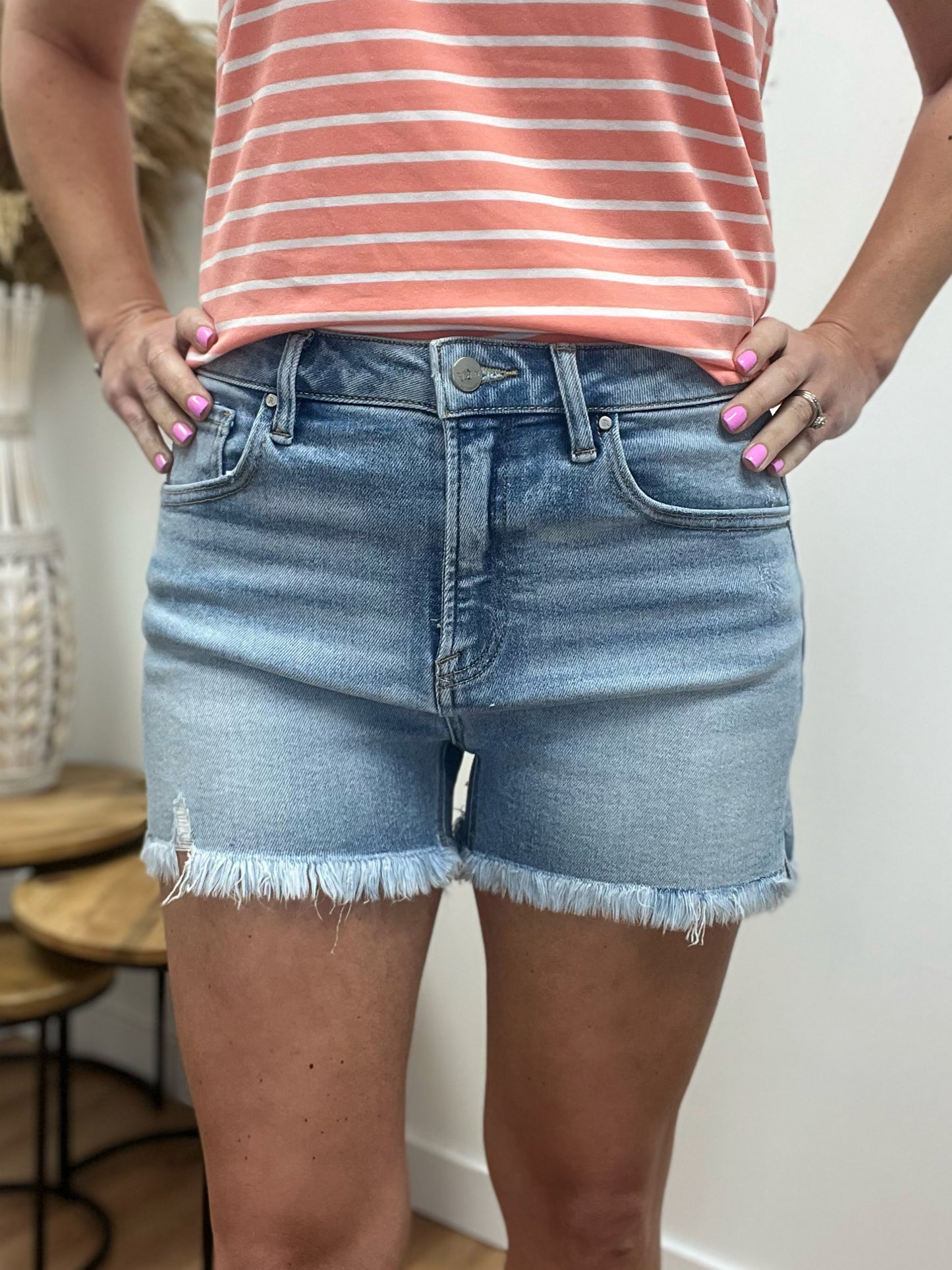 The Wrenlynn High Rise Light Wash Jean Shorts