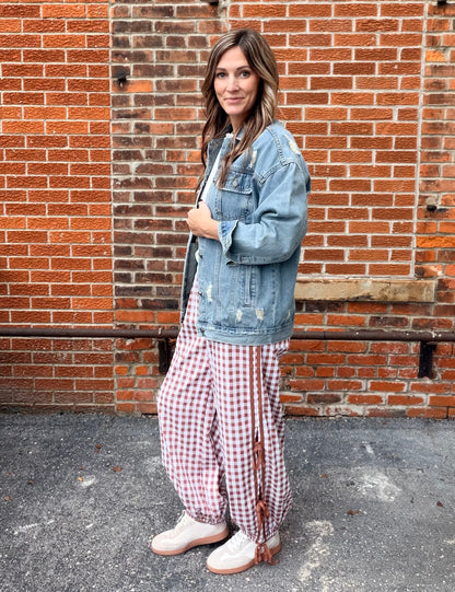 The Steele Gingham Bow Tie Wide Leg Cargo Pants