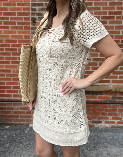The Isla Ivory Crochet Floral Mini Dress