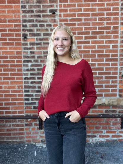 The Carwyn Burgundy Asymmetric Neck Long Sleeve Sweater