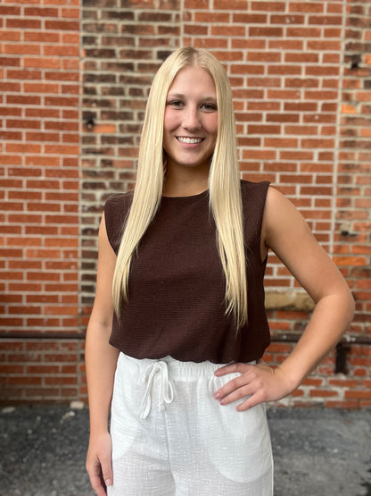 The Calyra Chocolate Bubble Hem Sleeveless Top