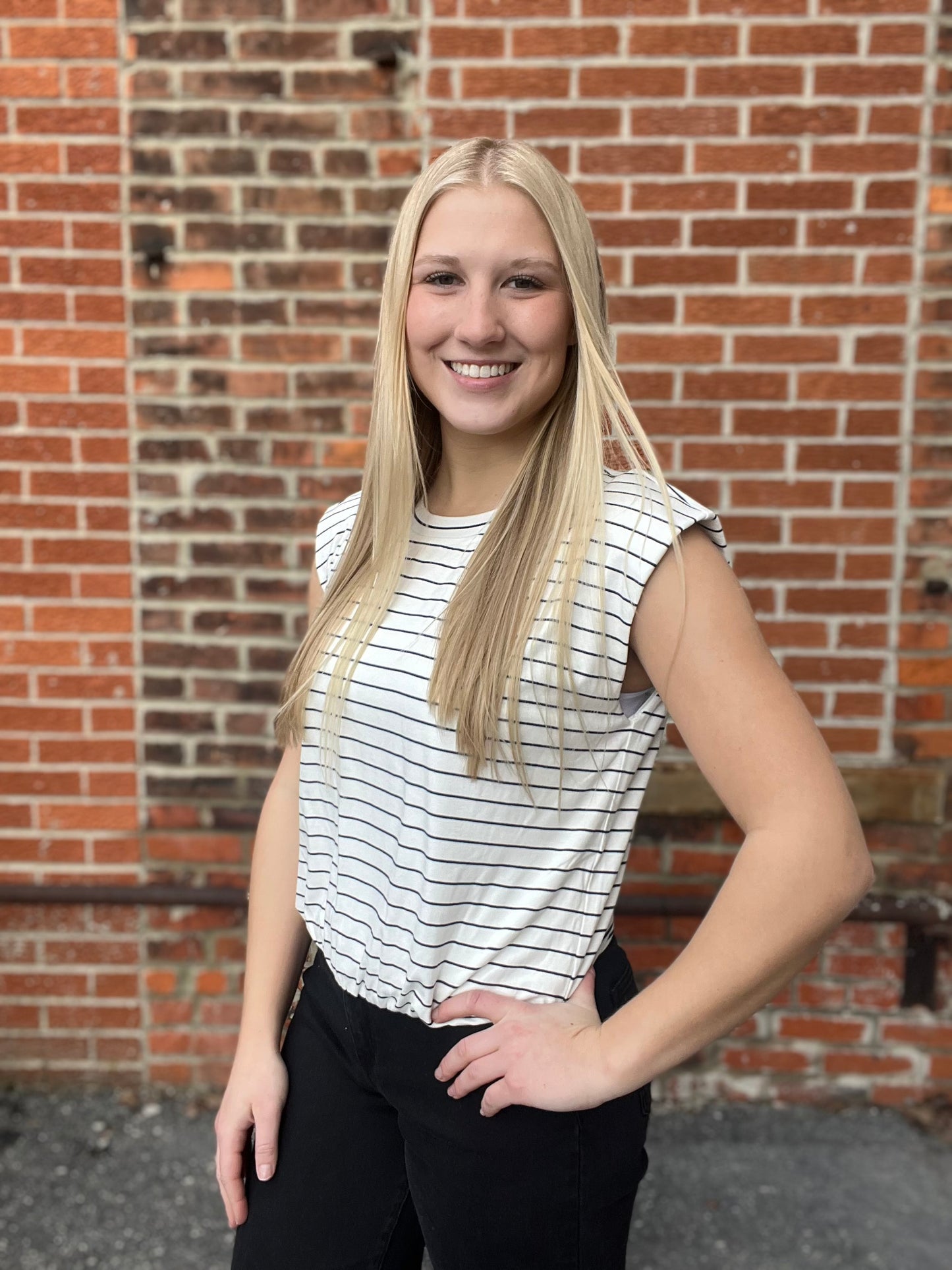The Livia Navy Striped Cinched Tank Top