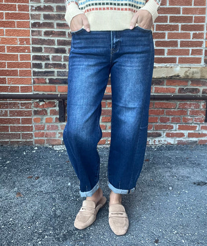 The Foster Dark Wash Barrel Jeans
