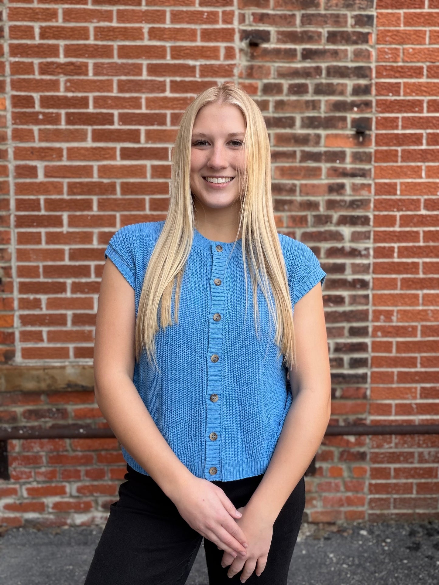 The Avis Short Sleeve Blue Knit Button Vest Top