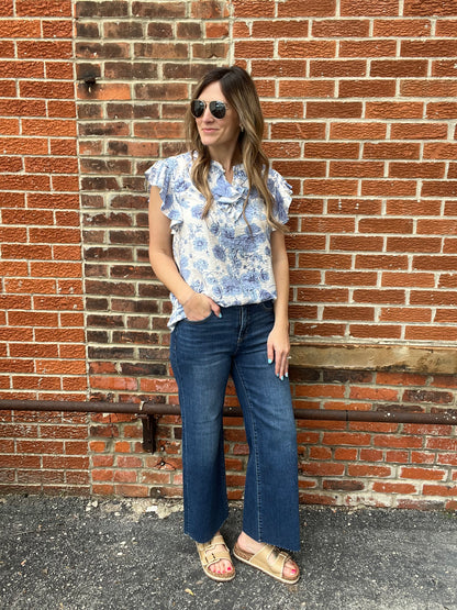 The Kaleigh Blue Floral Ruffle Blouse