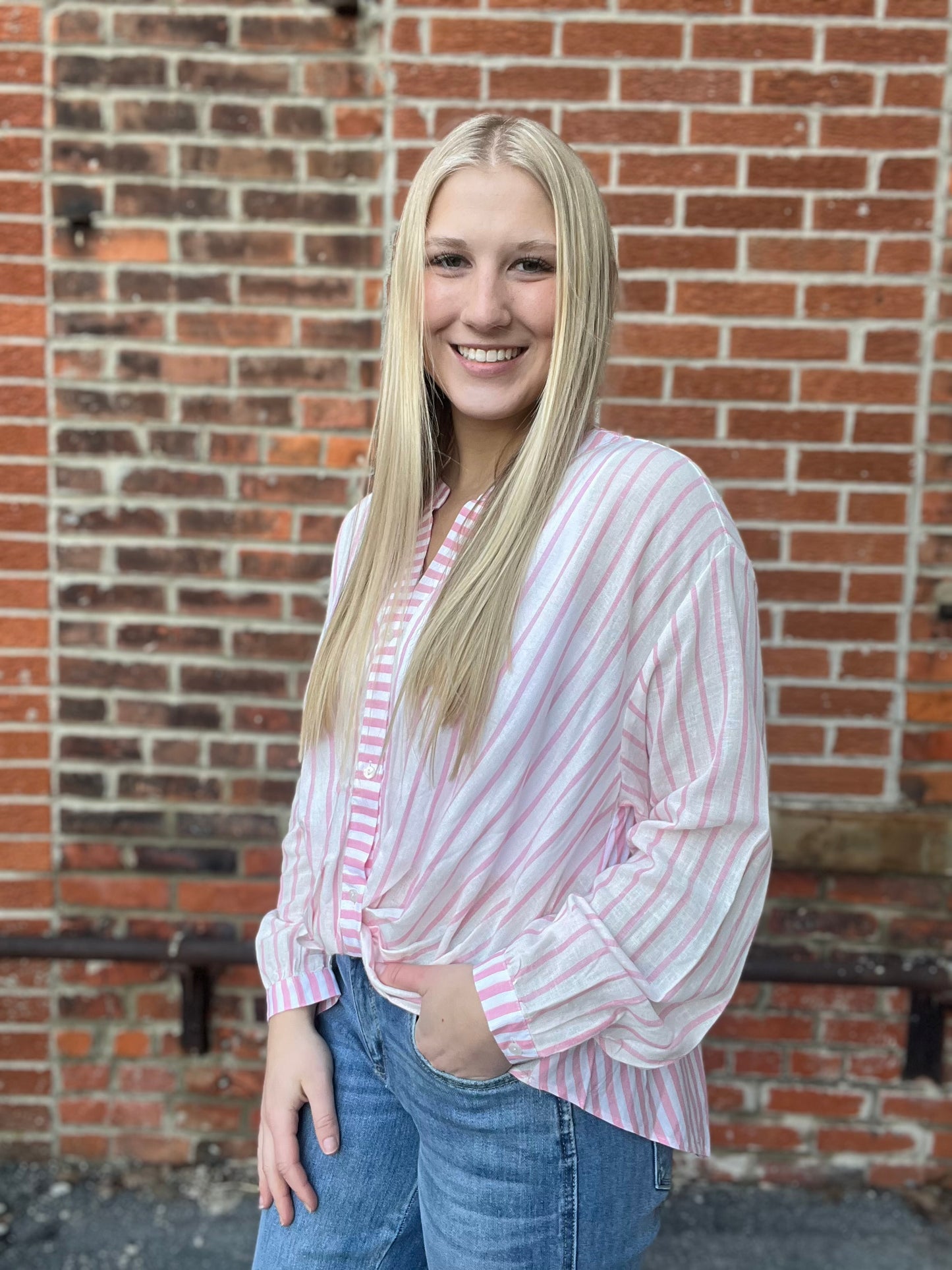 The Marlowe Twist Front Striped High Low Top