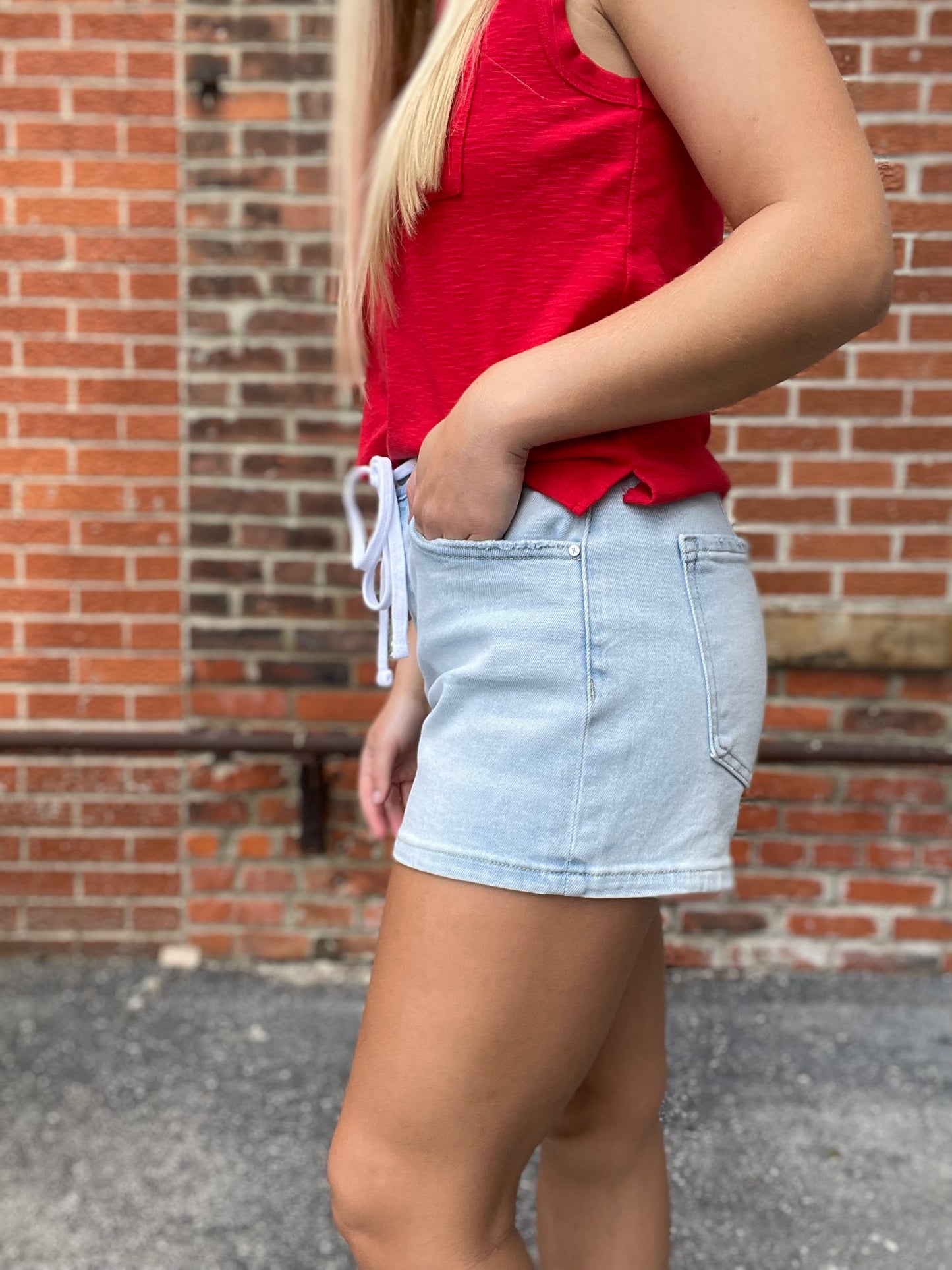 The Lana Light Denim Slouchy Tie Front Shorts