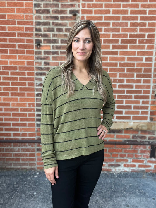 The Regie Olive Striped Long Sleeve Top