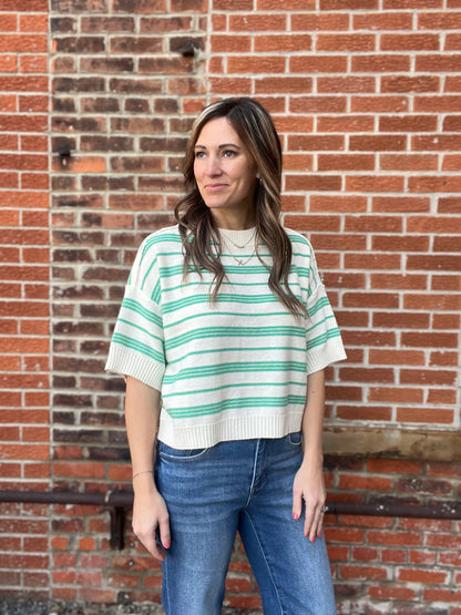The Mella Drop Sleeve Knit Striped Green Top