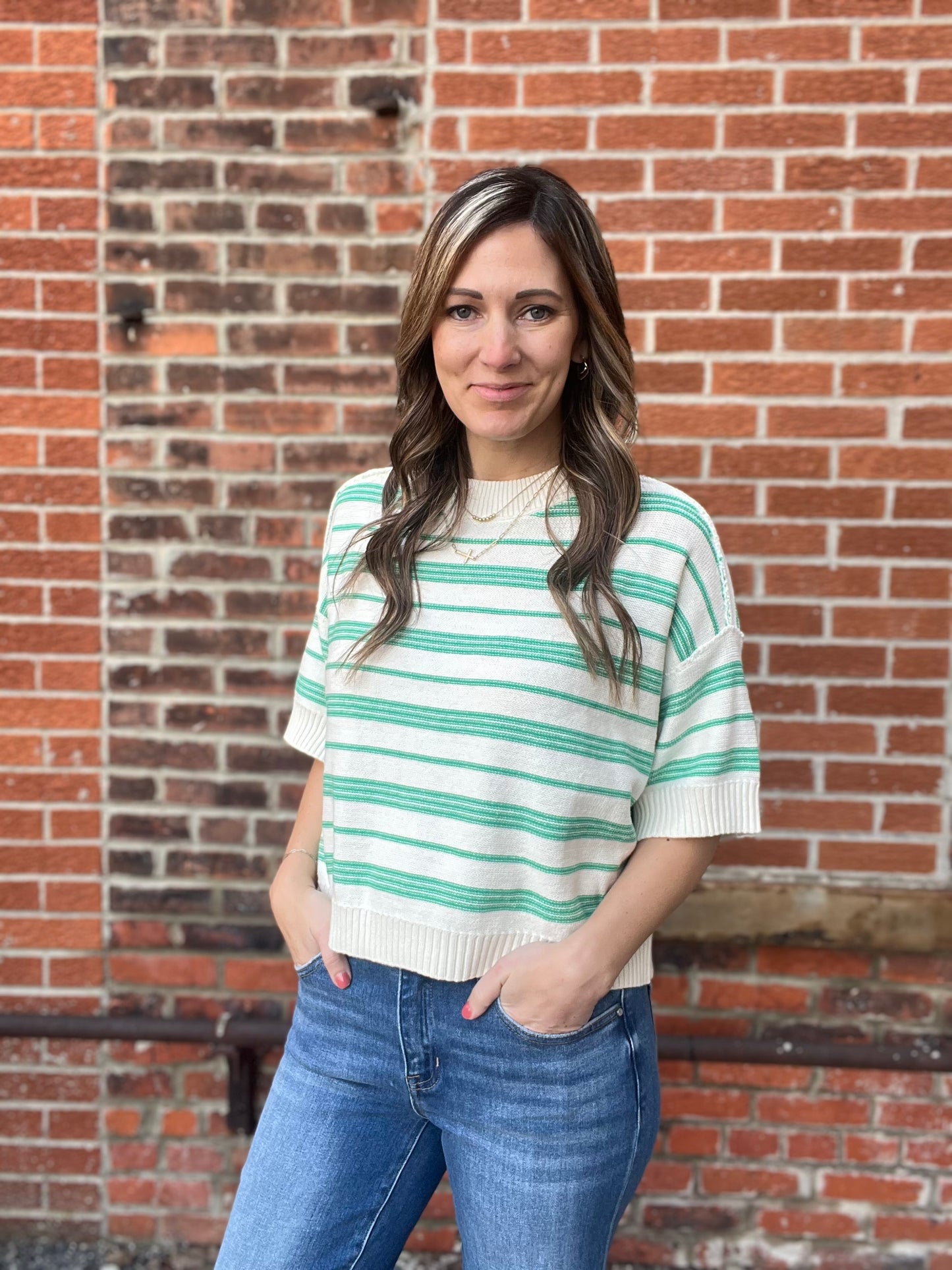 The Mella Drop Sleeve Knit Striped Green Top
