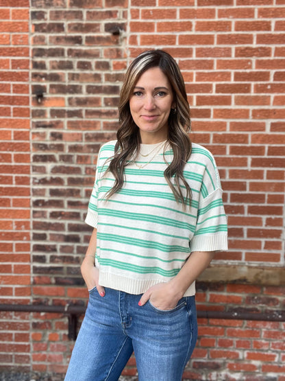 The Mella Drop Sleeve Knit Striped Green Top